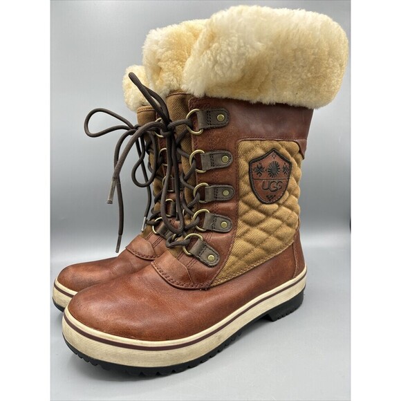 UGG Brynn Brown Leather Lined Boots Lace Up Winter Snow Womens 6 - Picture 1 of 10